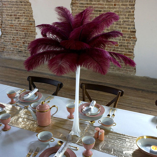 Ostrich Eiffel Tower Centerpiece Burgundy w/White Vase - Feathers