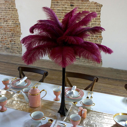 Ostrich Eiffel Tower Centerpiece Burgundy With Black Vase - Feathers