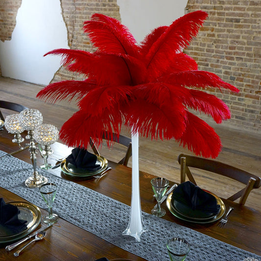 Ostrich Eiffel Tower Centerpiece Red w/White Vase - Feathers