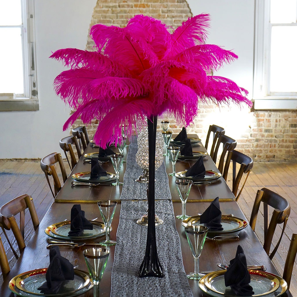 Ostrich Eiffel Tower Centerpiece Shocking Pink w/Black Vase - Feathers