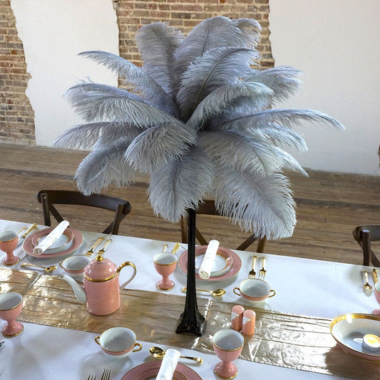 Ostrich Eiffel Tower Centerpiece Silver w/Black Vase - Feathers