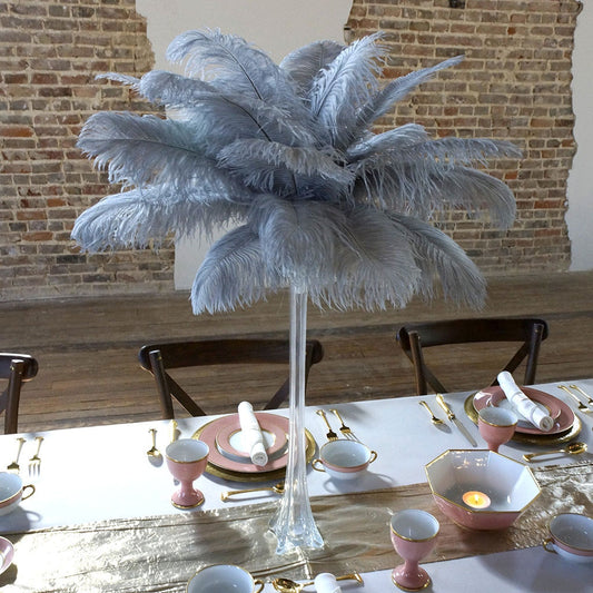 Ostrich Eiffel Tower Centerpiece Silver w/Clear Vase - Feathers