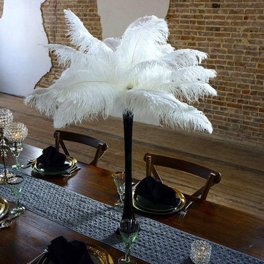 Ostrich Eiffel Tower Centerpiece White w/Black Vase - Feathers