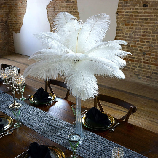 Ostrich Eiffel Tower Centerpiece - White With Clear Vase - Feathers