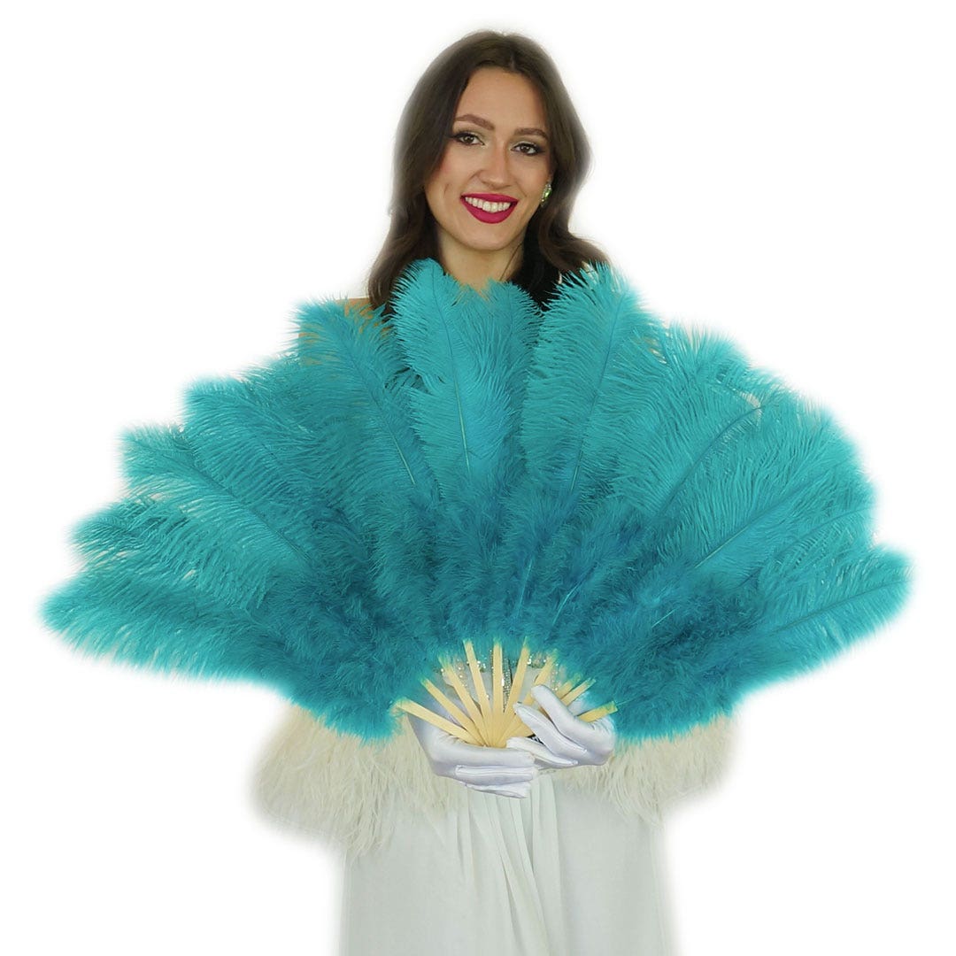 Ostrich Feather Fan w/Marabou - Dark Aqua - Feathers