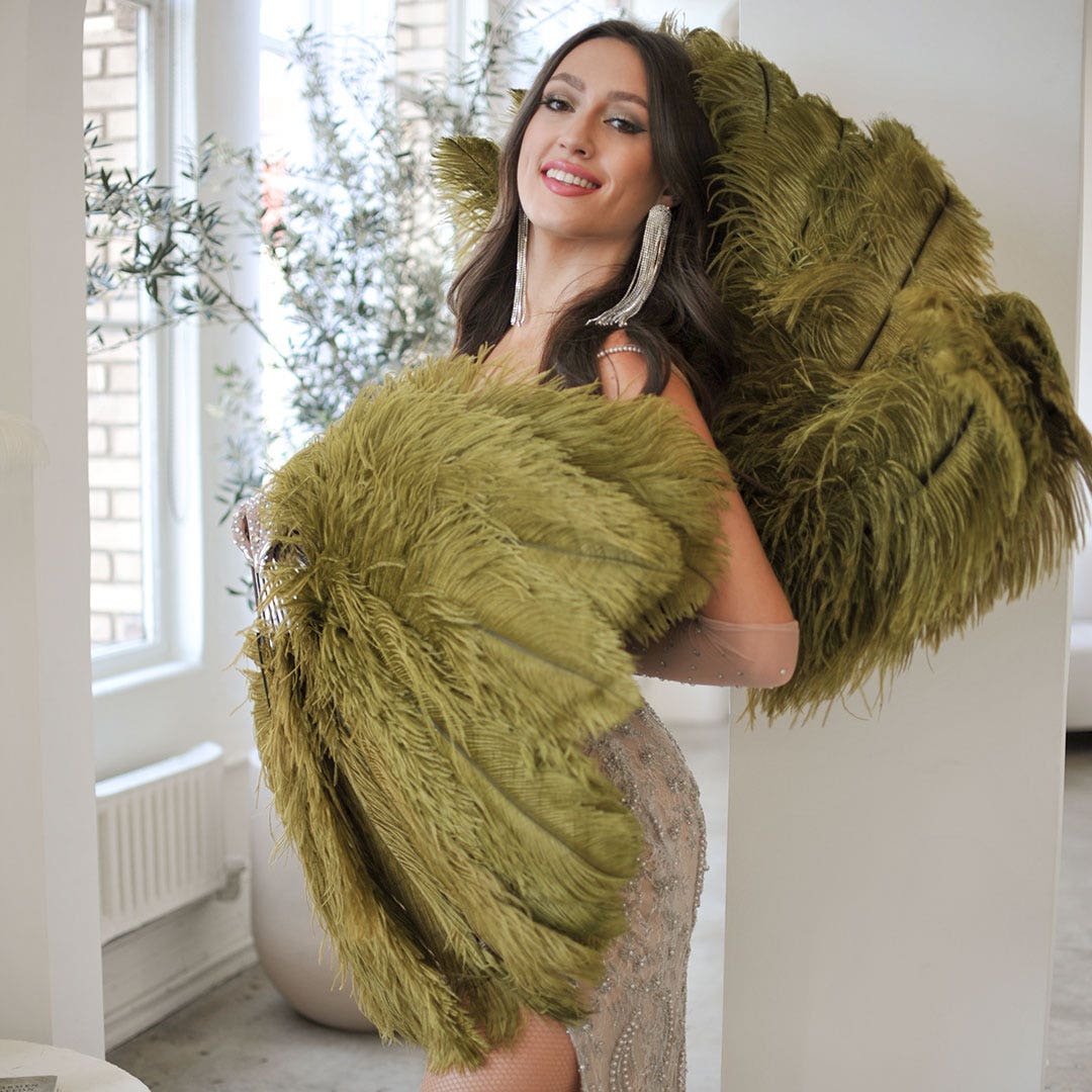 Ostrich Feather Fan with Prime Ostrich Femina Feathers-Olive - Feathers