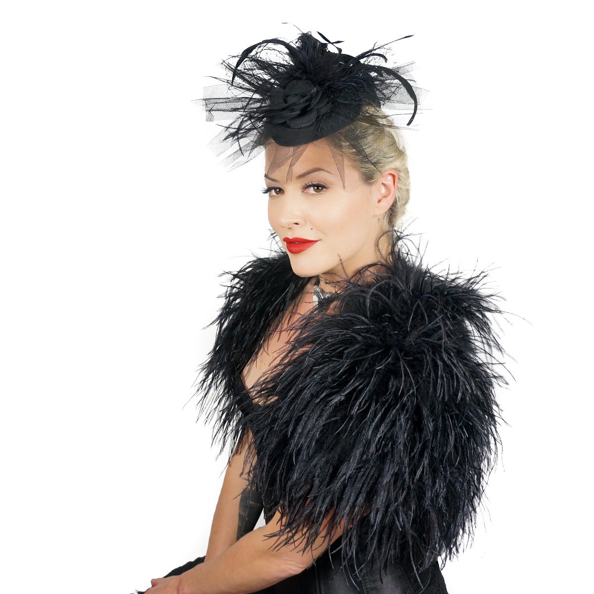 Ostrich Feather Fascinator Wedding Gothic Victorian Style Hair Clip Accessory - Black - Feathers