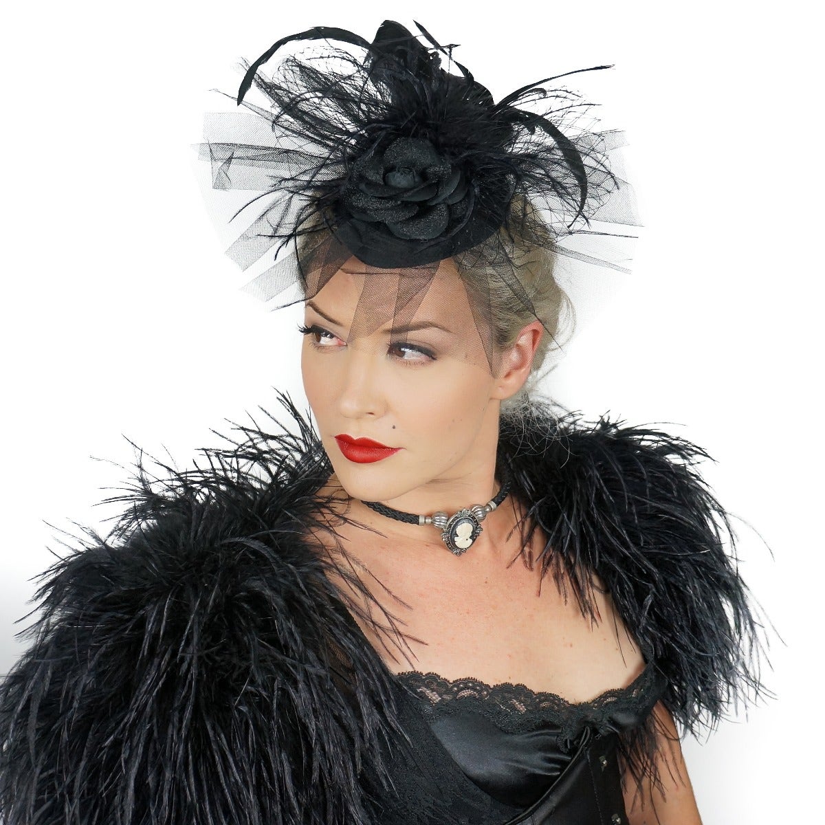 Ostrich Feather Fascinator Wedding Gothic Victorian Style Hair Clip Accessory - Black - Feathers