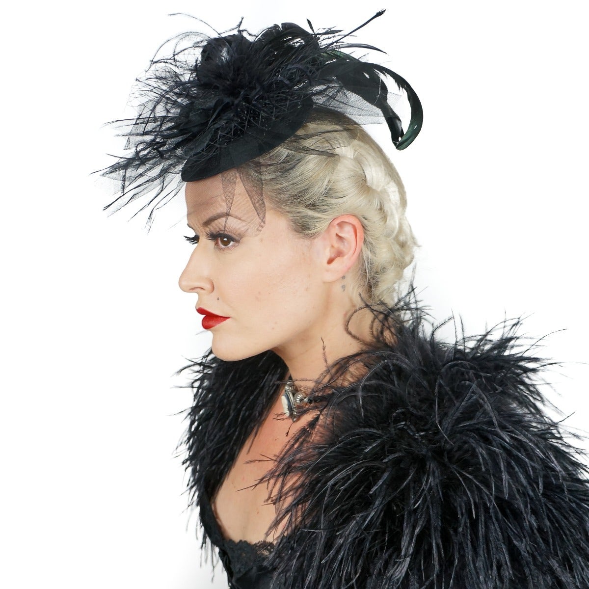 Ostrich Feather Fascinator Wedding Gothic Victorian Style Hair Clip Accessory - Black - Feathers