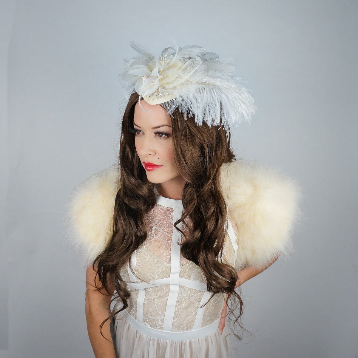 Ostrich Feather Fascinator Wedding Victorian Style Party Hair Accessory - Ivory - Feathers