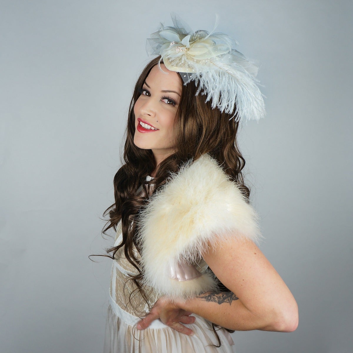 Ostrich Feather Fascinator Wedding Victorian Style Party Hair Accessory - Ivory - Feathers