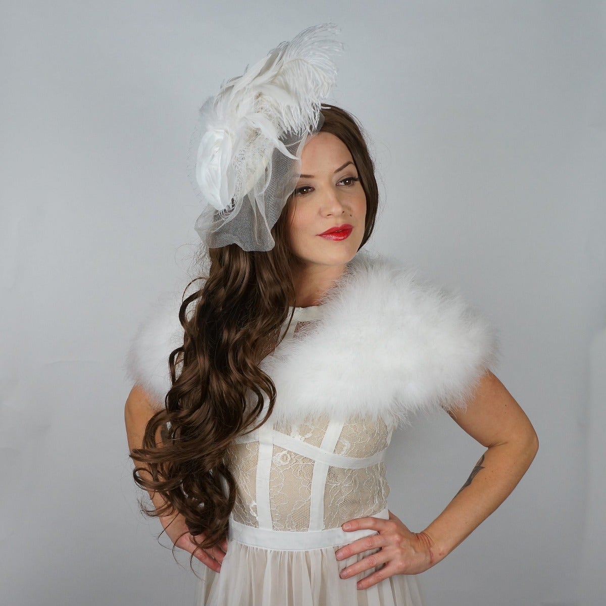 Ostrich Feather Fascinator Wedding Victorian Style Party Hair Accessory - White - Feathers