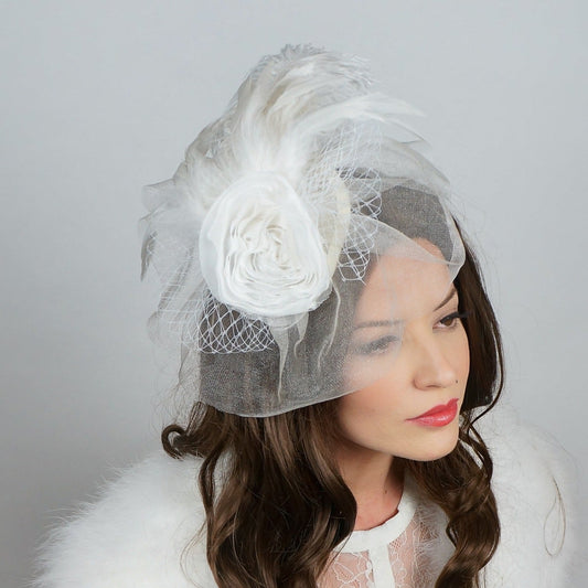 Ostrich Feather Fascinator Wedding Victorian Style Party Hair Accessory - White - Feathers