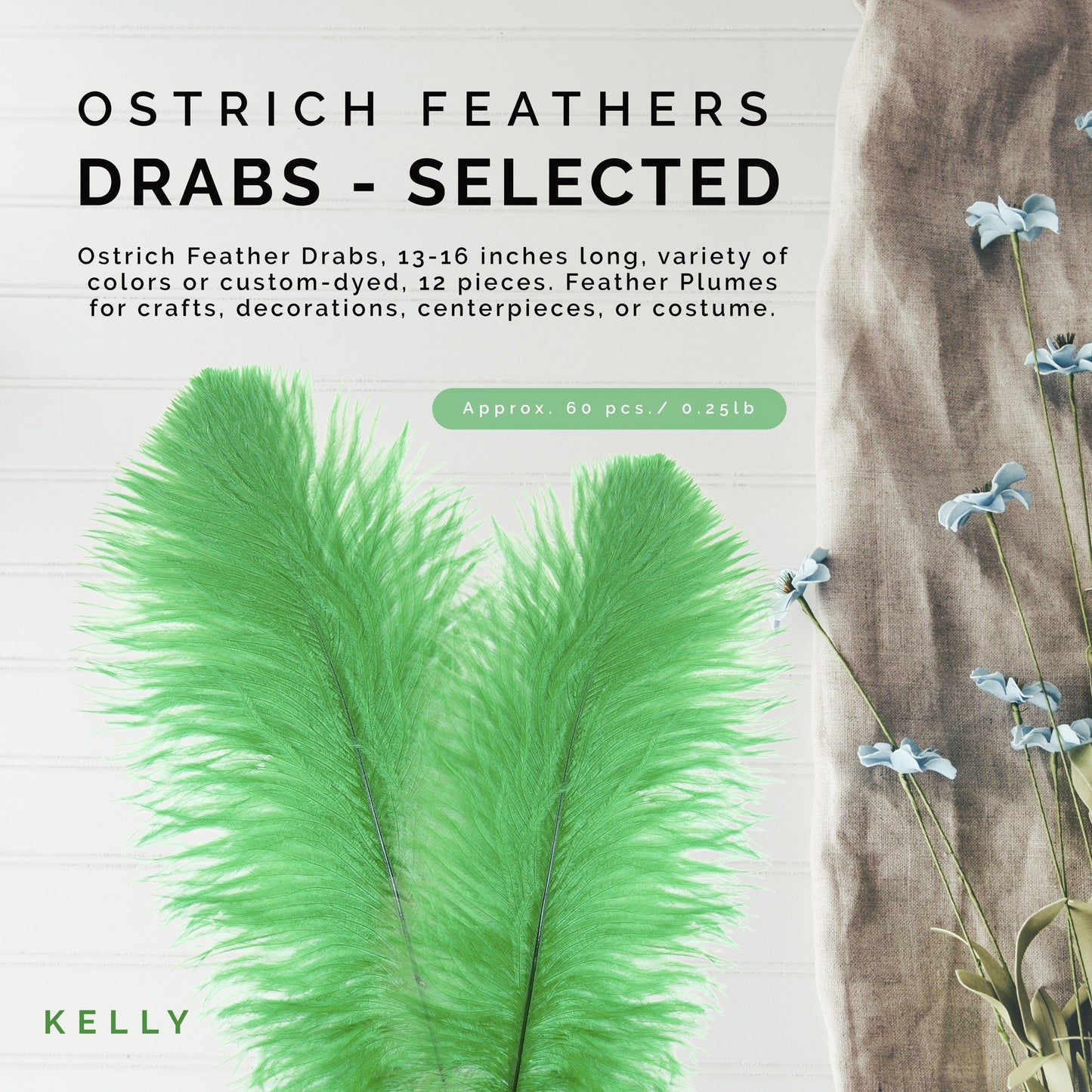 Ostrich Feathers 13-16’’ Drabs - Kelly - Ostrich Feathers