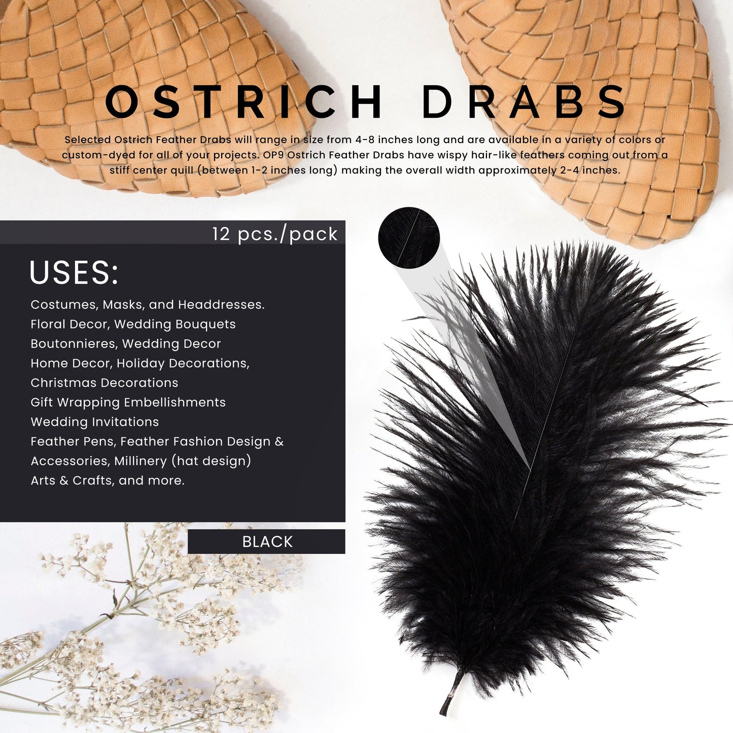 Ostrich Feathers 4-8’’ Drabs - Black - Ostrich Feathers