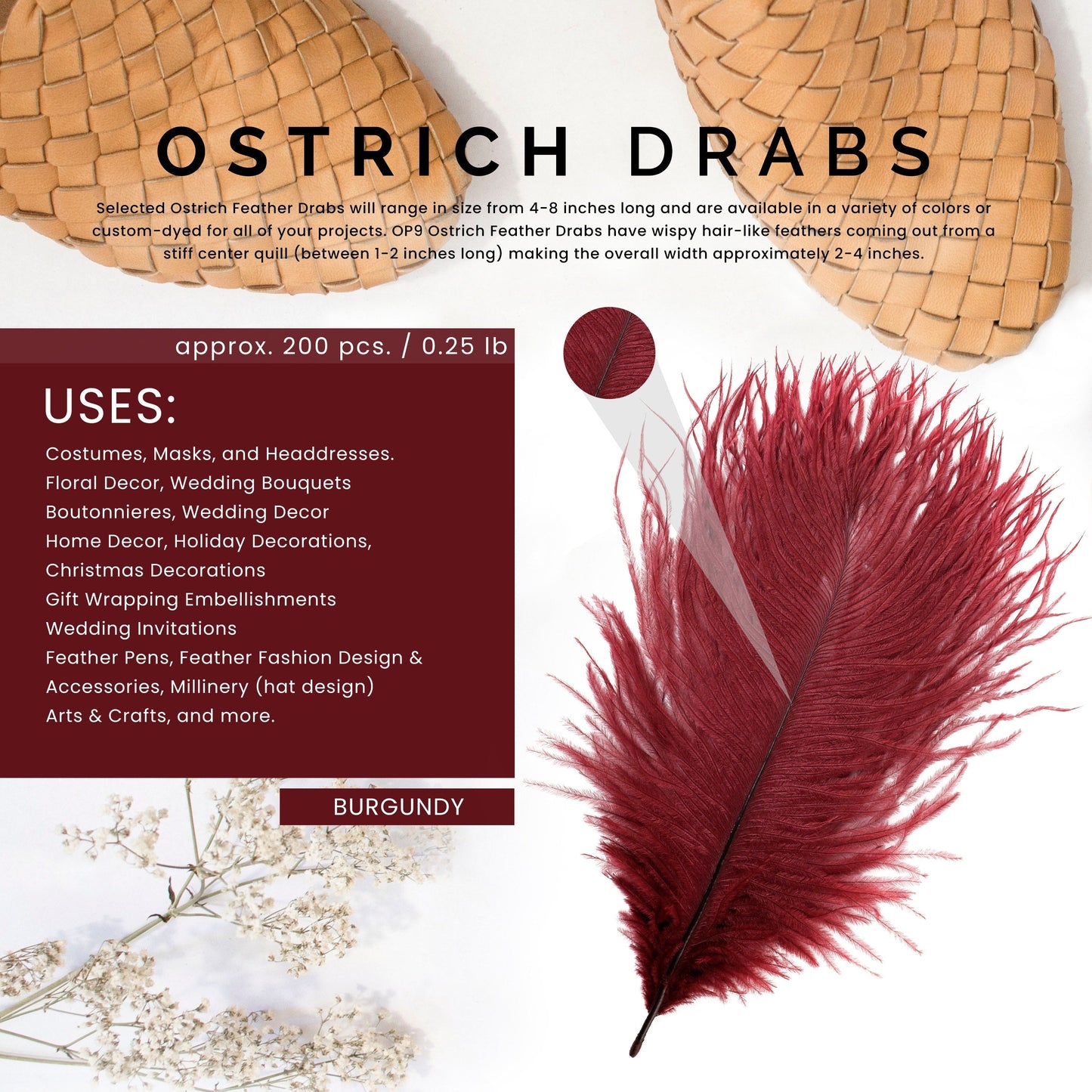 Ostrich Feathers 4-8’’ Drabs - Burgundy - Ostrich Feathers