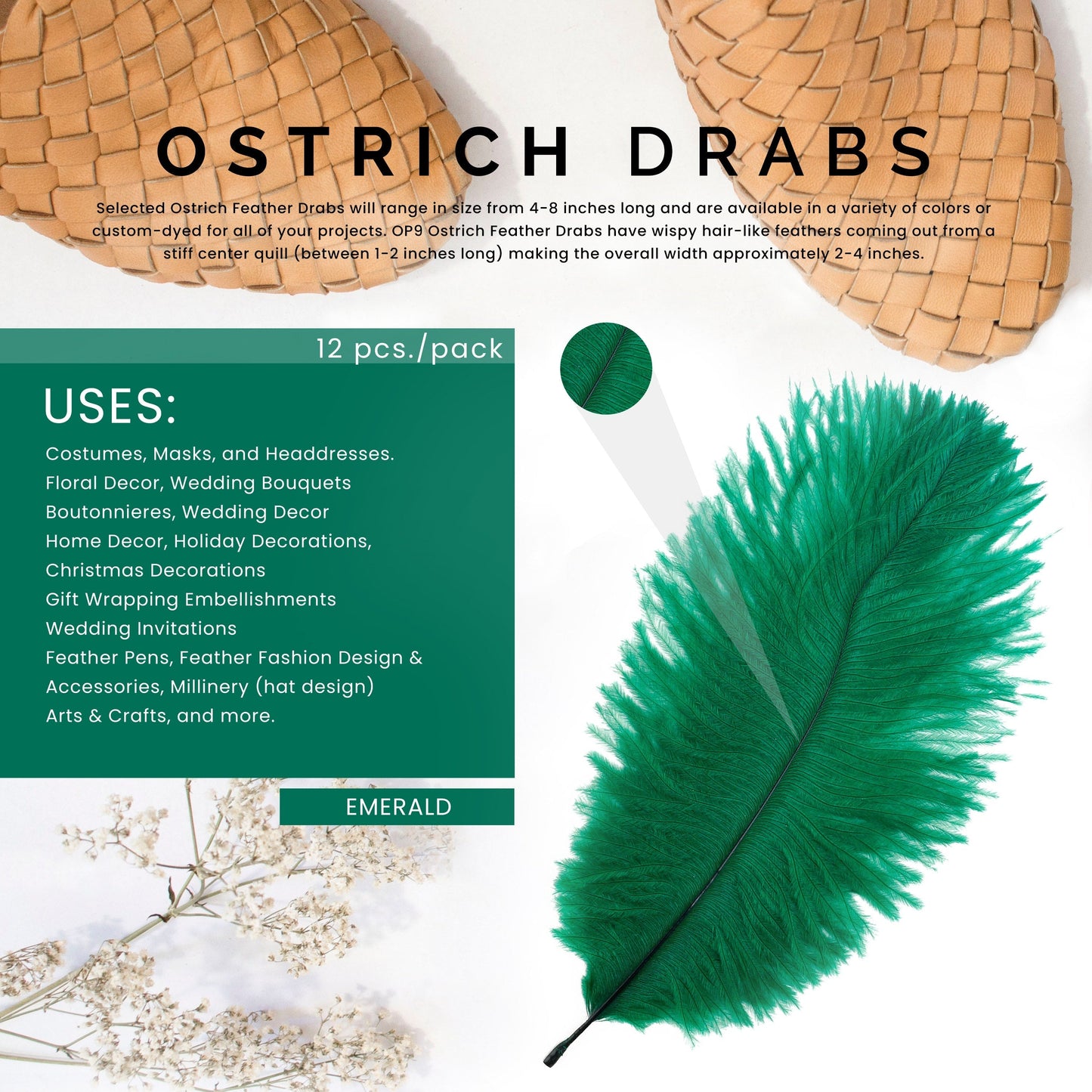 Ostrich Feathers 4-8’’ Drabs - Emerald - Ostrich Feathers