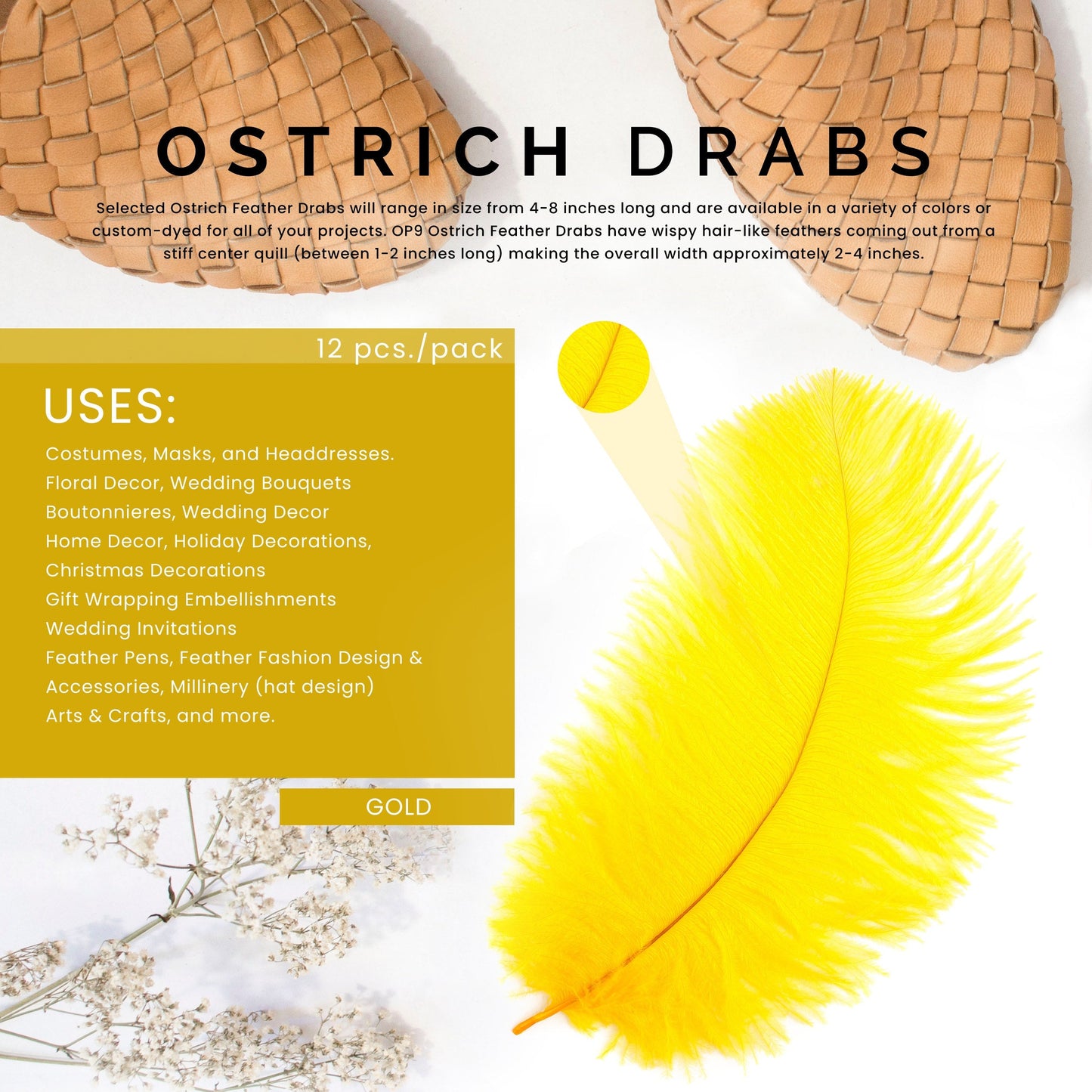 Ostrich Feathers 4-8’’ Drabs - Gold - Ostrich Feathers