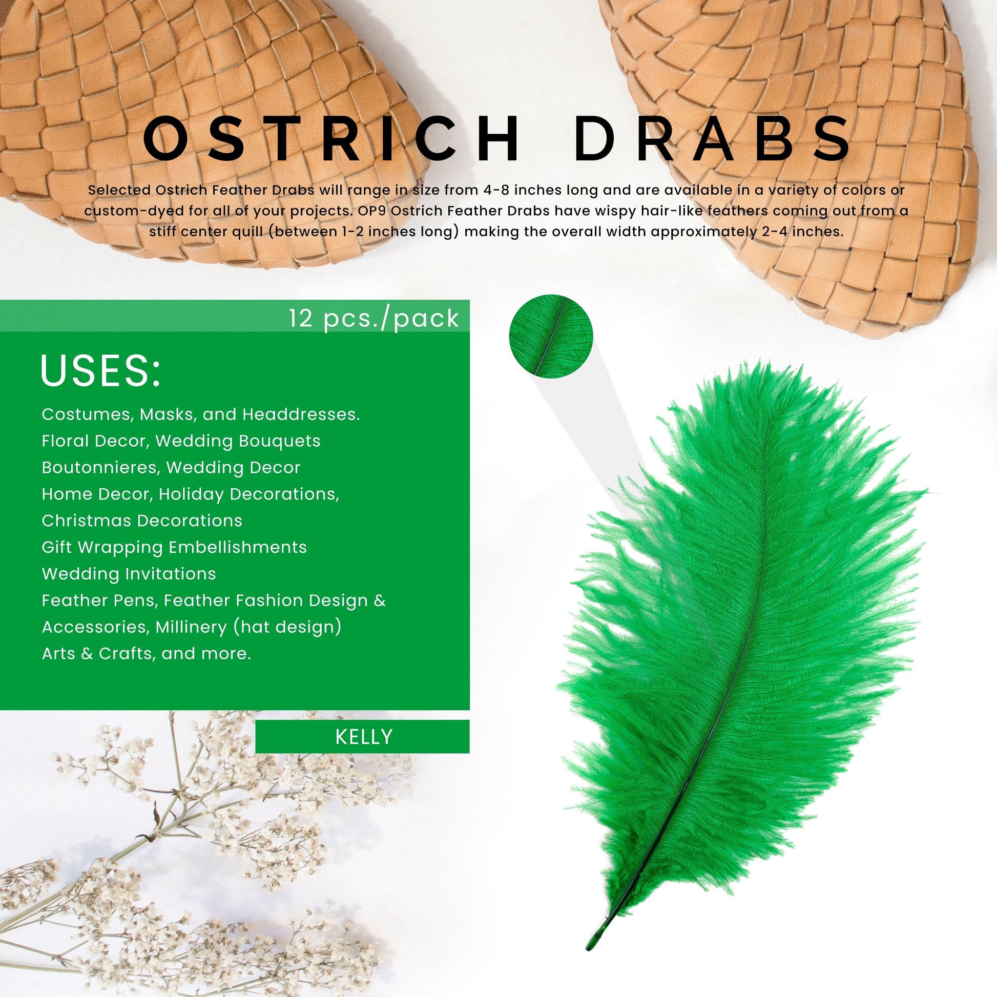 Ostrich Feathers 4-8’’ Drabs - Kelly - Ostrich Feathers