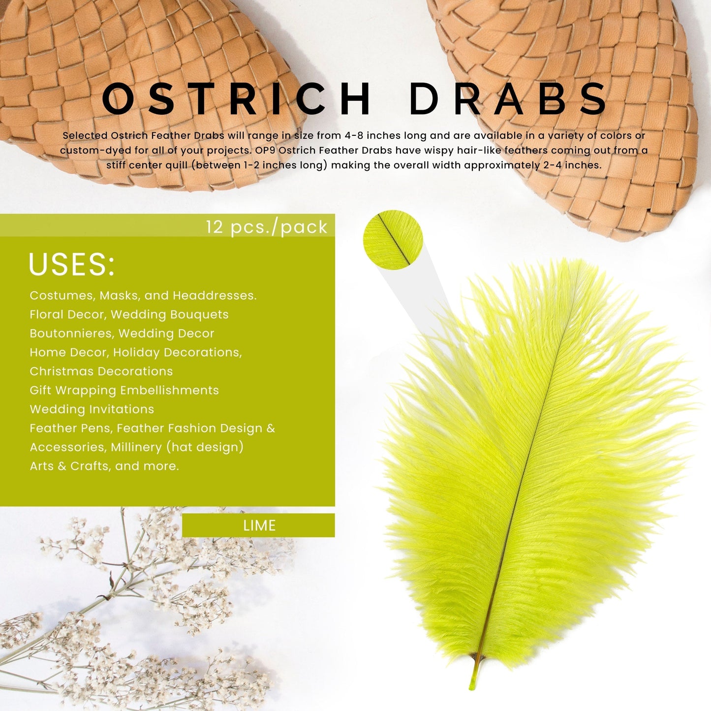 Ostrich Feathers 4-8’’ Drabs - Lime - Ostrich Feathers