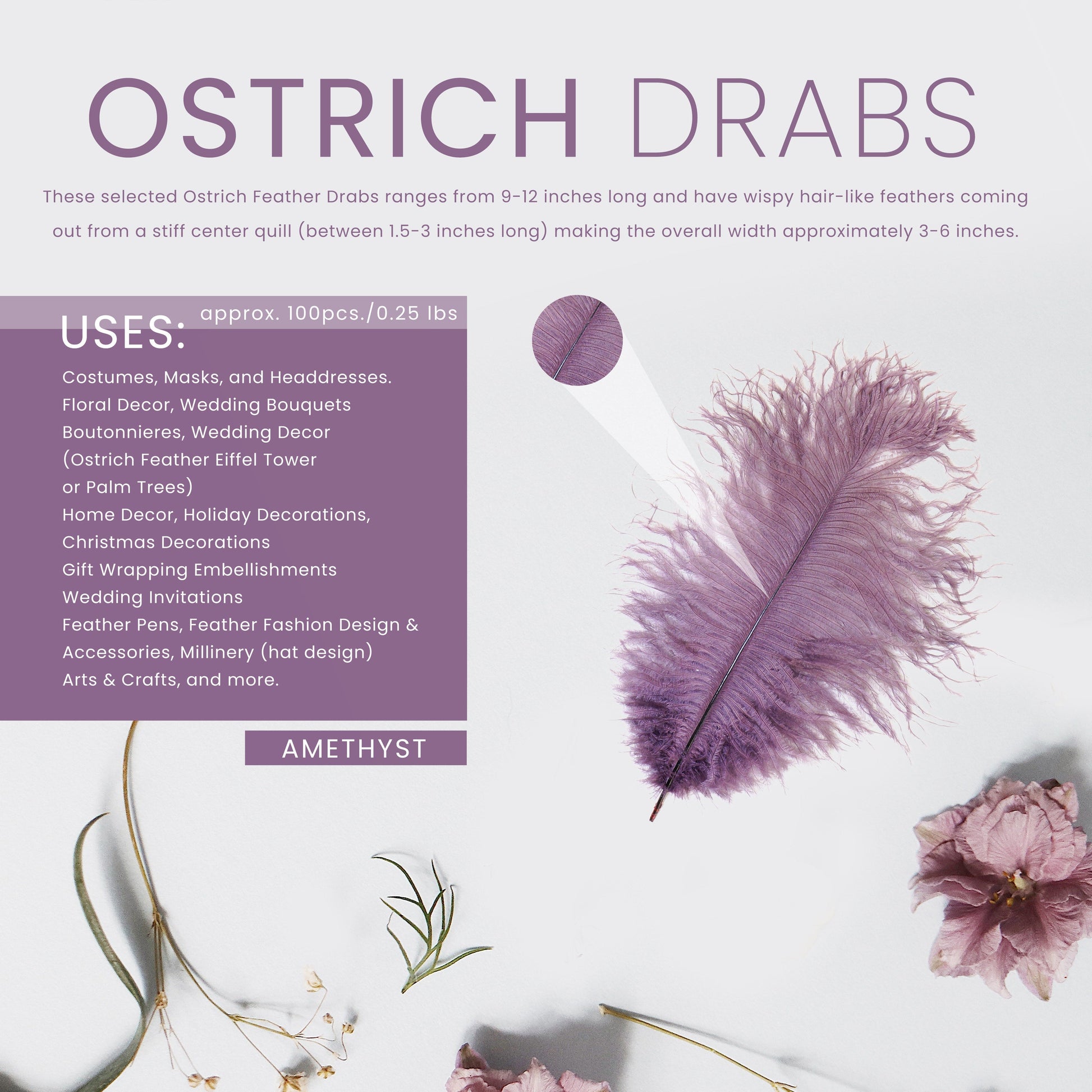 Ostrich Feathers 9-12’’ Drabs - Amethyst - Ostrich Feathers