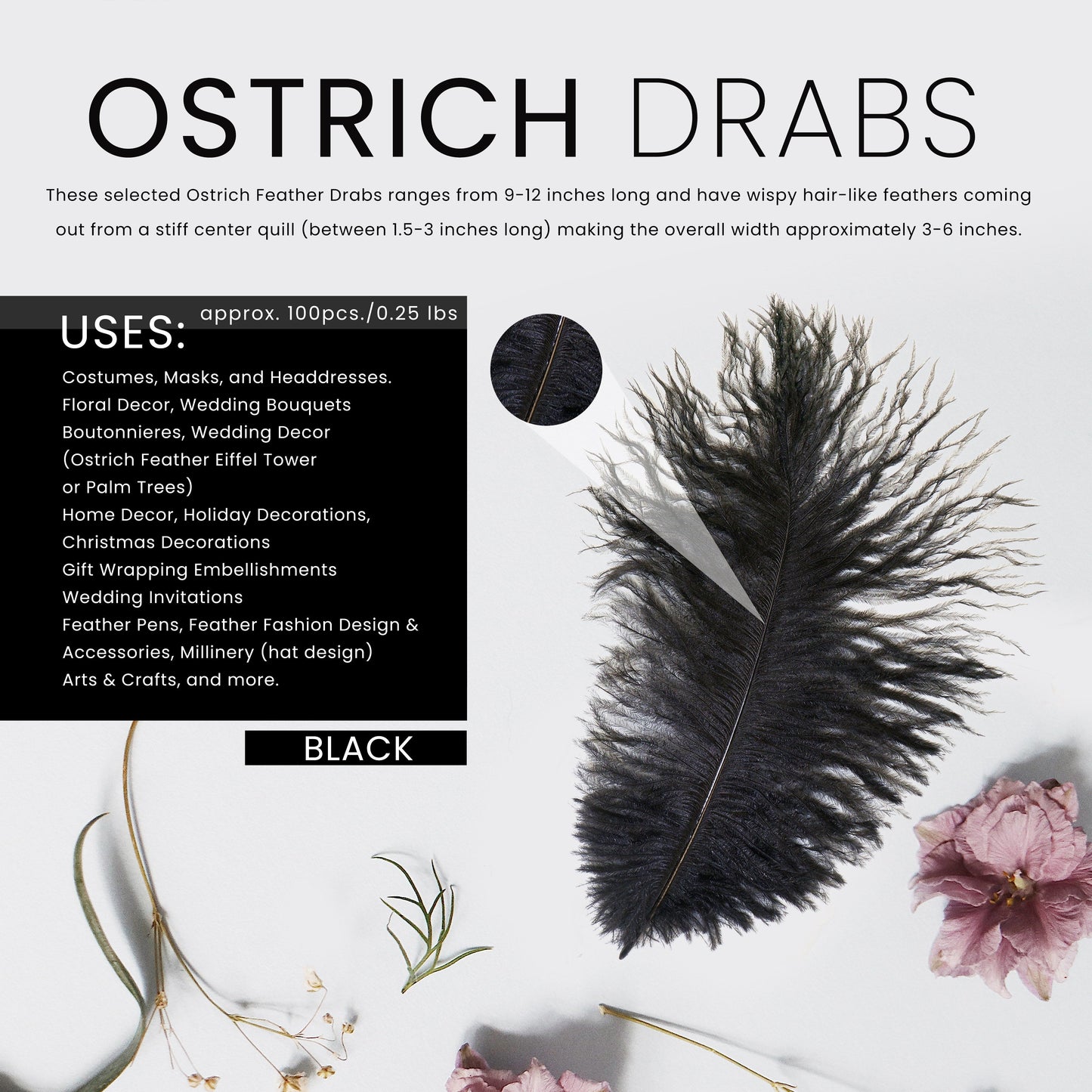 Ostrich Feathers 9-12’’ Drabs - Black - Ostrich Feathers