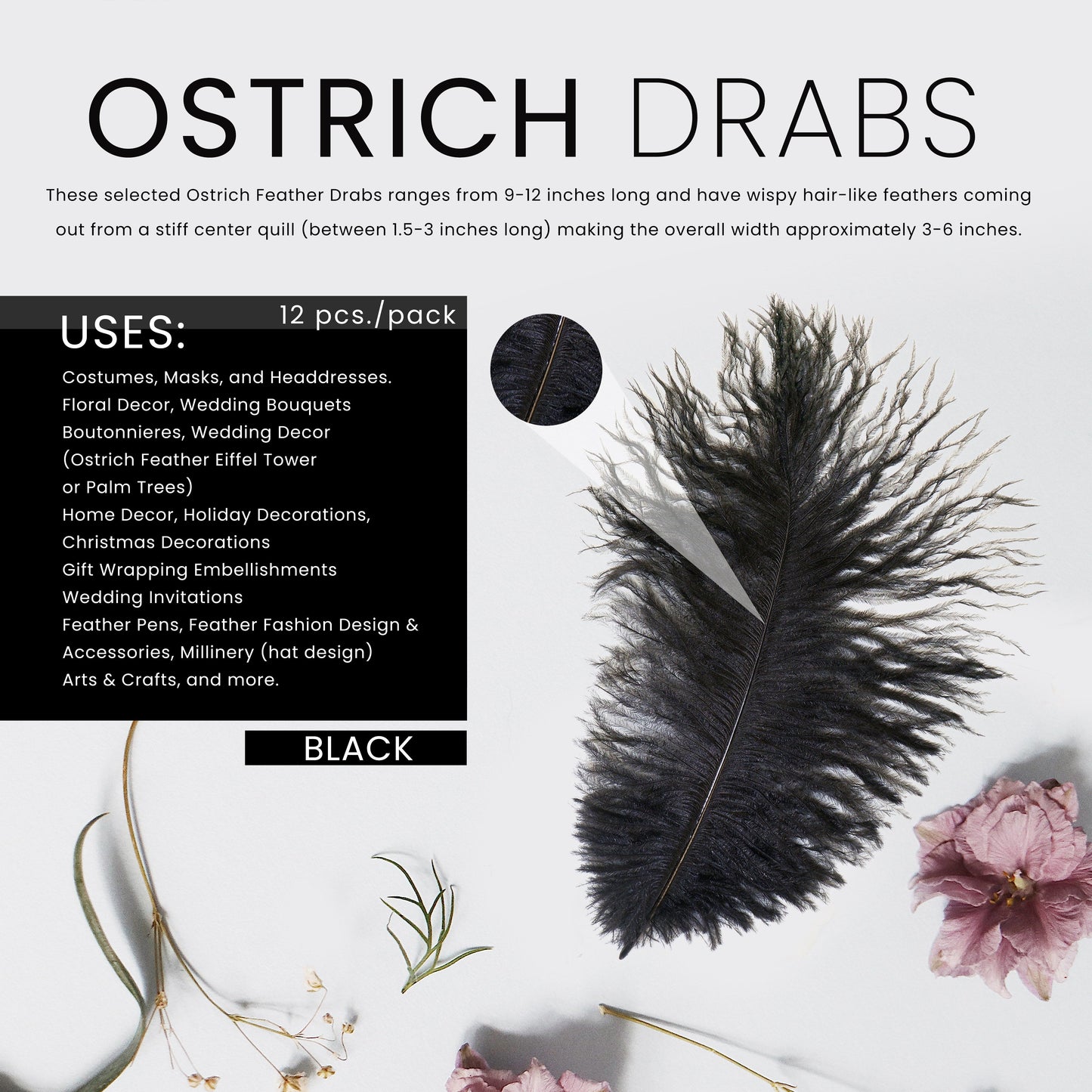 Ostrich Feathers 9-12’’ Drabs - Black - Ostrich Feathers