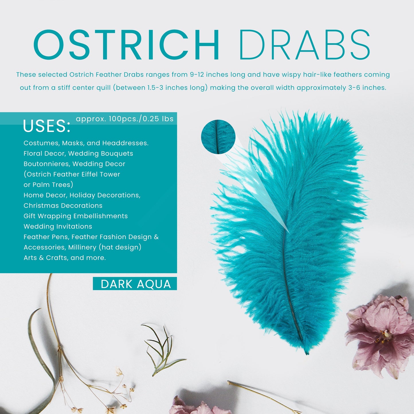 Ostrich Feathers 9-12’’ Drabs - Dark Aqua - Ostrich Feathers