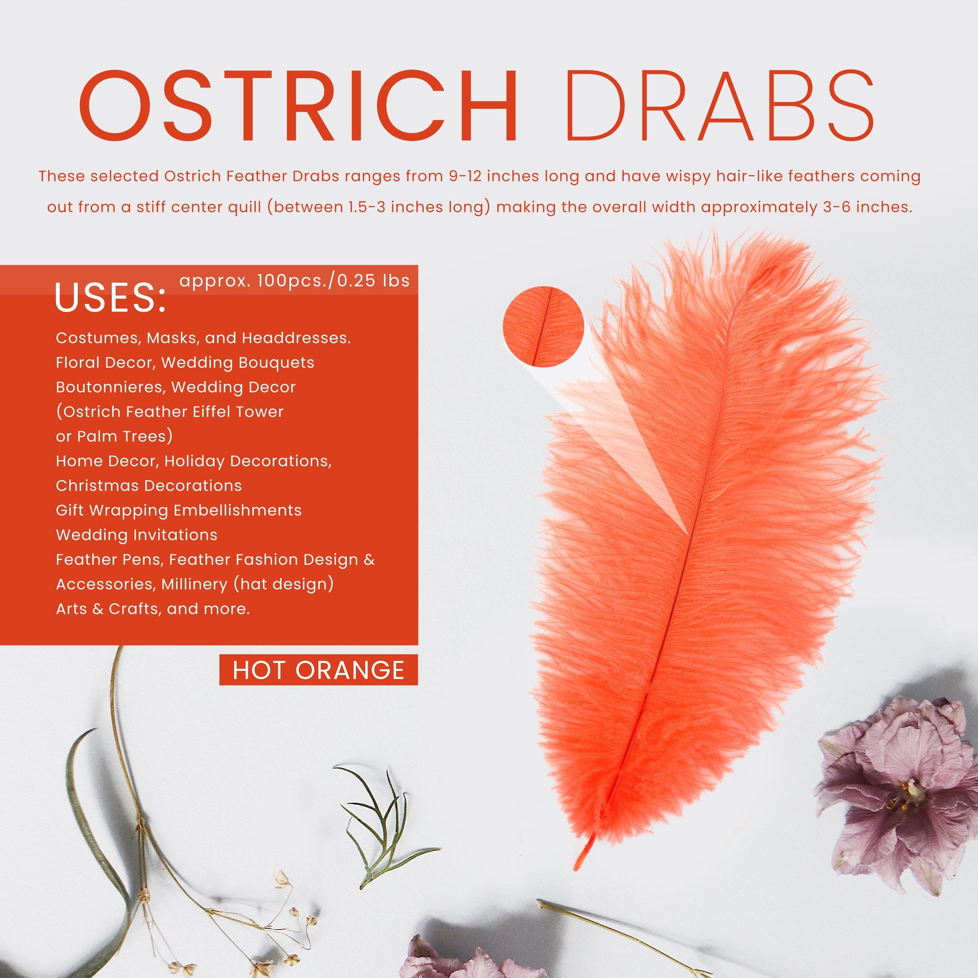 Ostrich Feathers 9-12’’ Drabs - Hot Orange - Ostrich Feathers