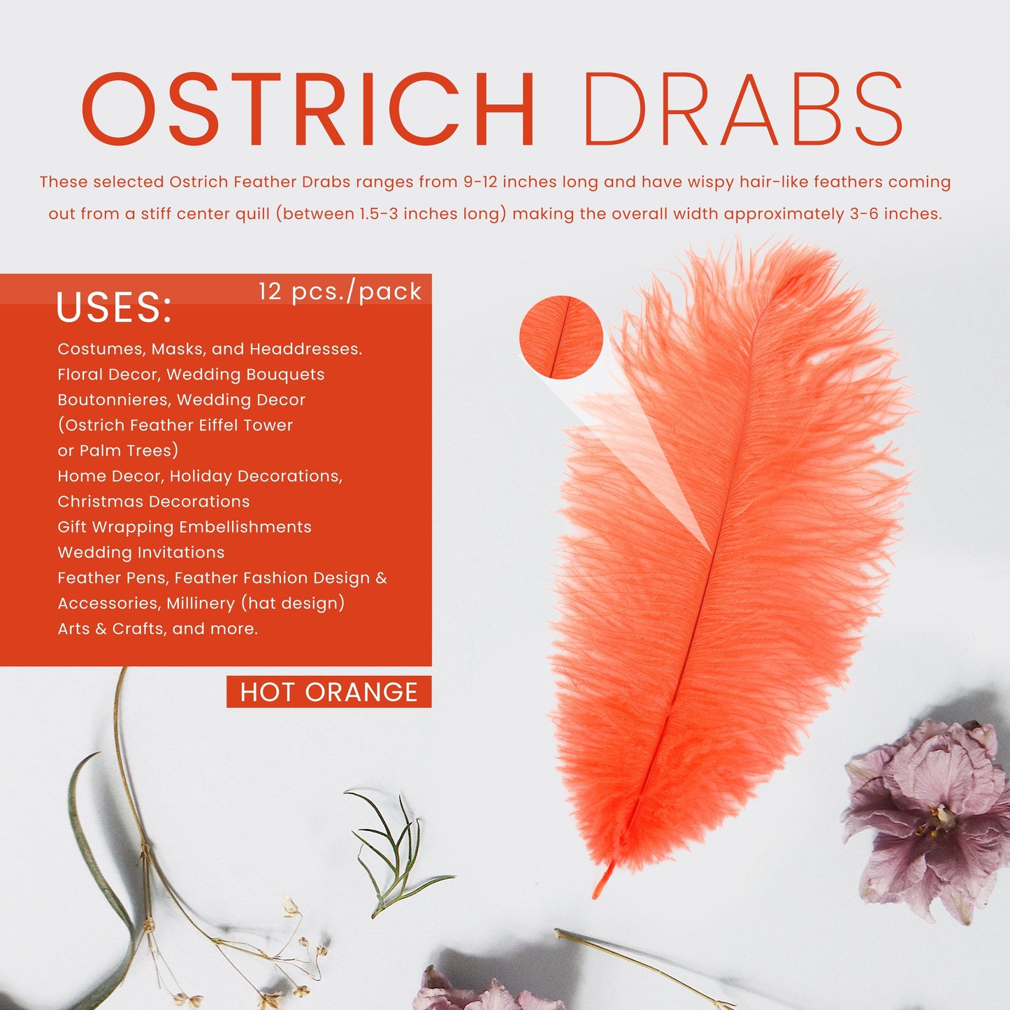 Ostrich Feathers 9-12’’ Drabs - Hot Orange - Ostrich Feathers