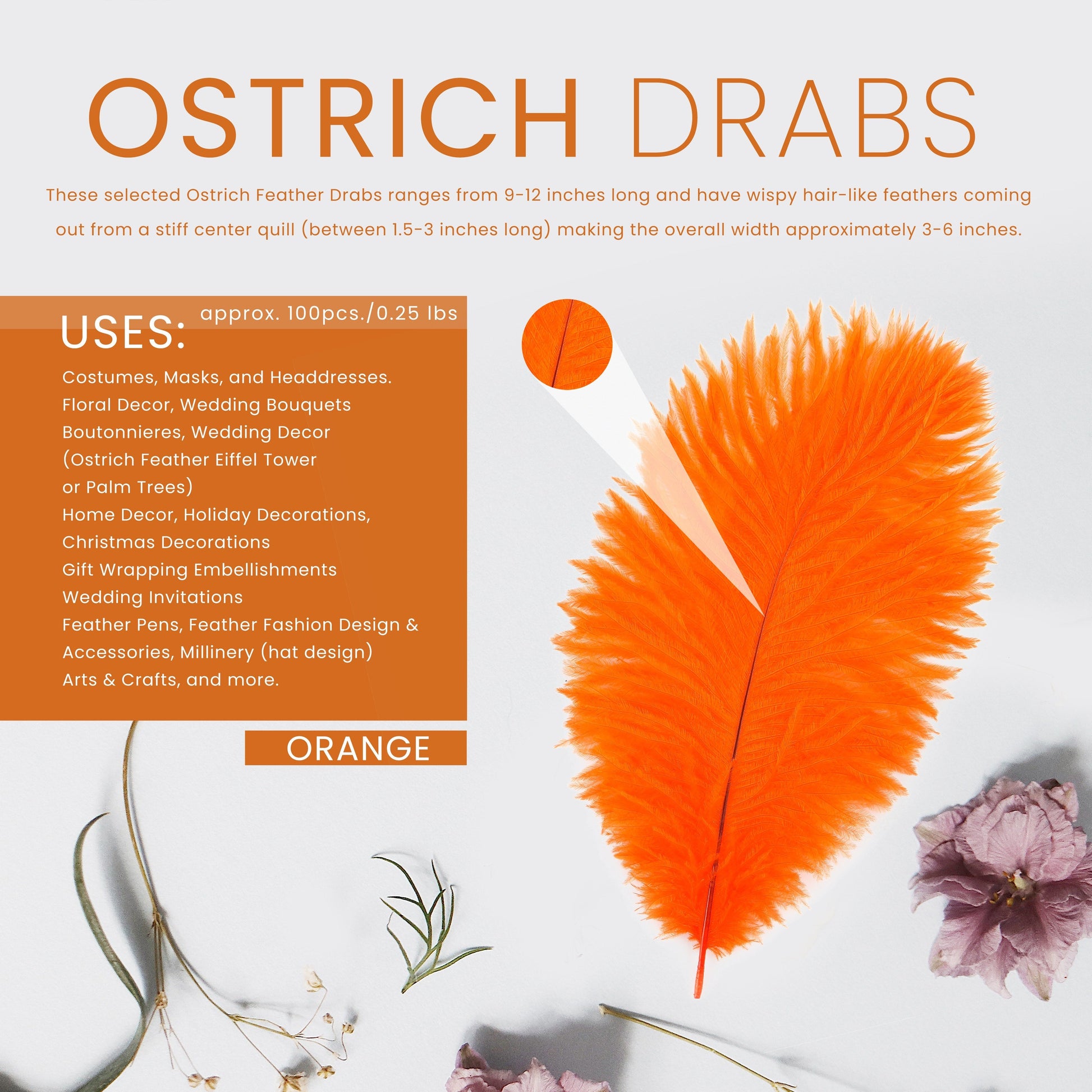 Ostrich Feathers 9-12’’ Drabs - Orange - Ostrich Feathers