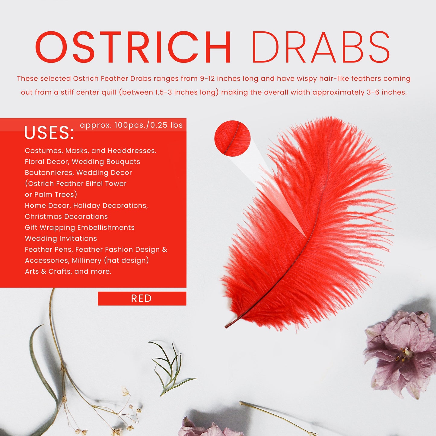 Ostrich Feathers 9-12’’ Drabs - Red - Ostrich Feathers