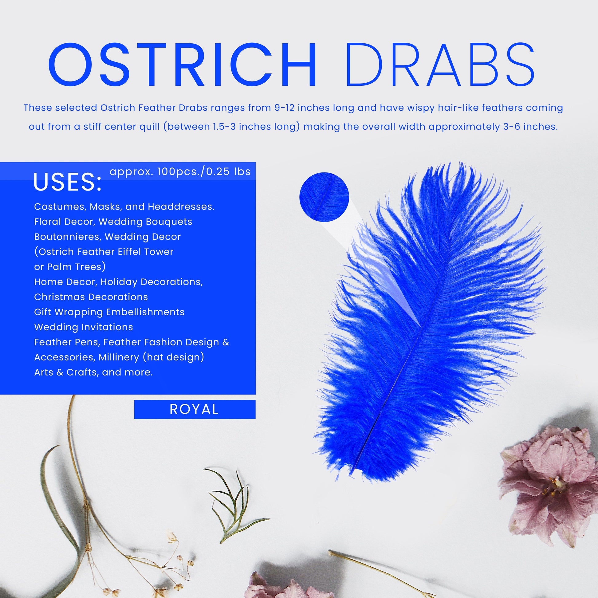 Ostrich Feathers 9-12’’ Drabs - Royal - Ostrich Feathers