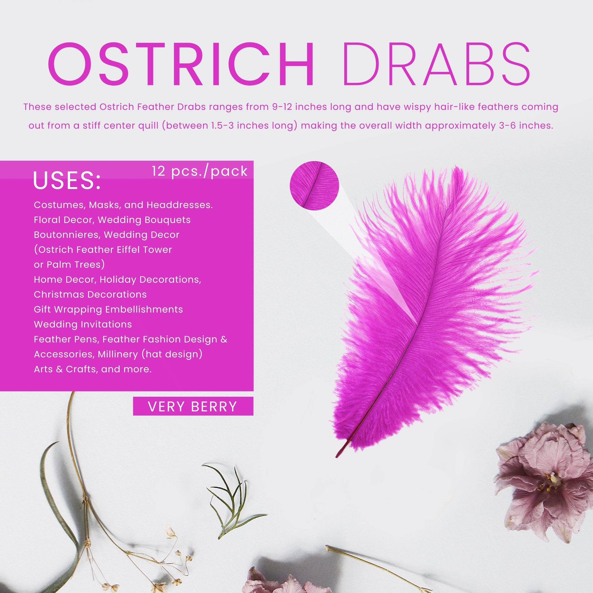 Ostrich Feathers 9-12’’ Drabs - Very Berry - Ostrich Feathers