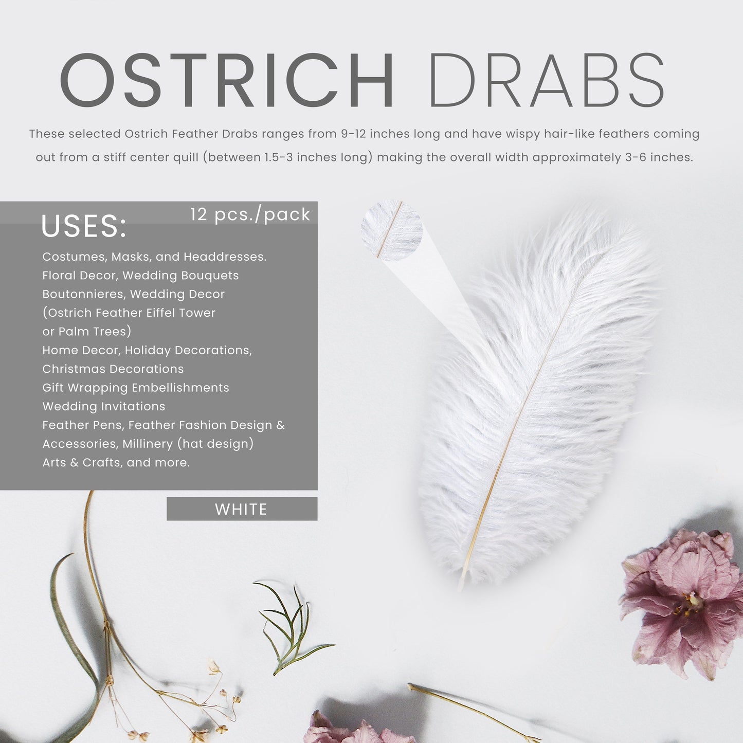 Ostrich Feathers 9-12’’ Drabs - White - Ostrich Feathers