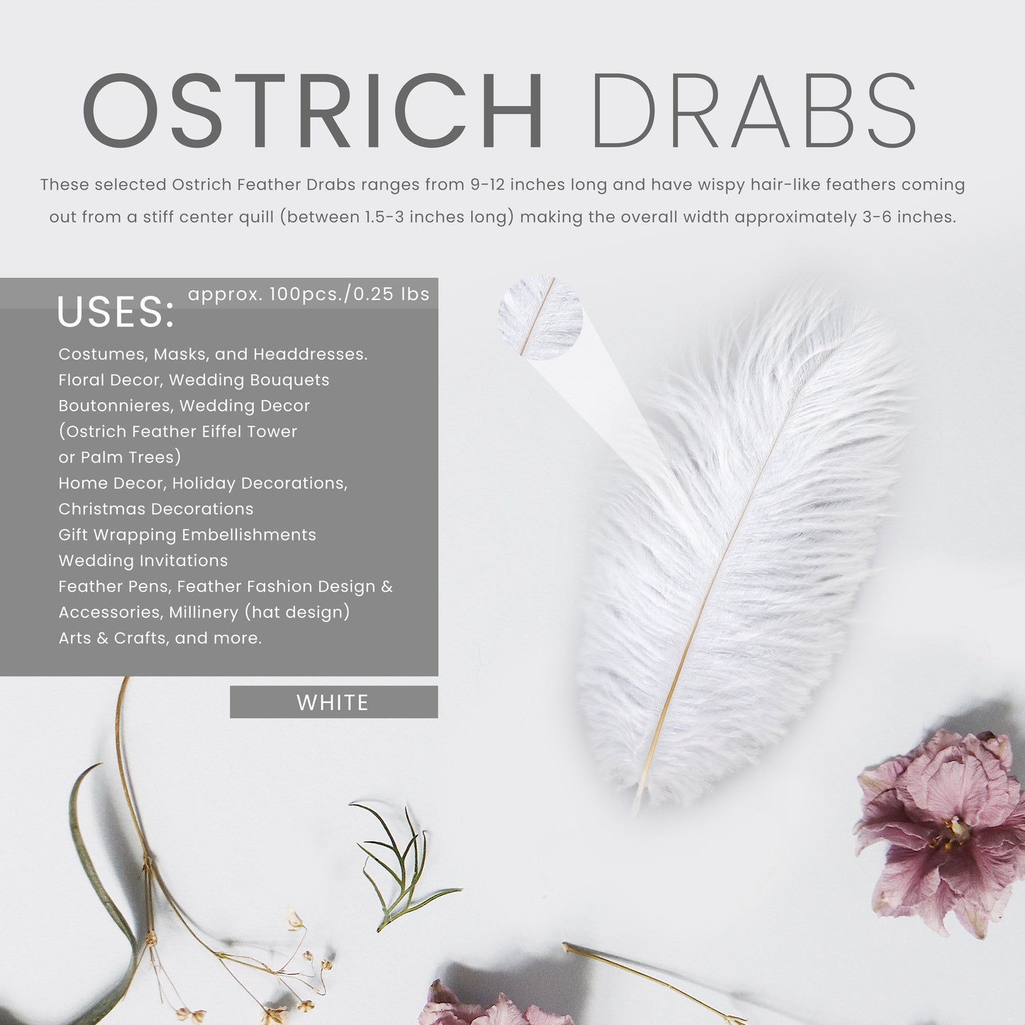 Ostrich Feathers 9-12’’ Drabs - White - Ostrich Feathers