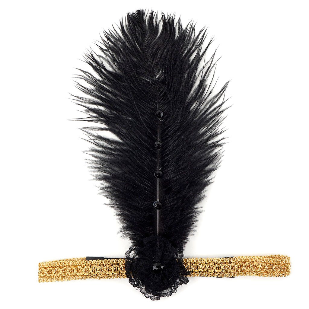 Ostrich Flapper Headband Black/Gold - Feathers