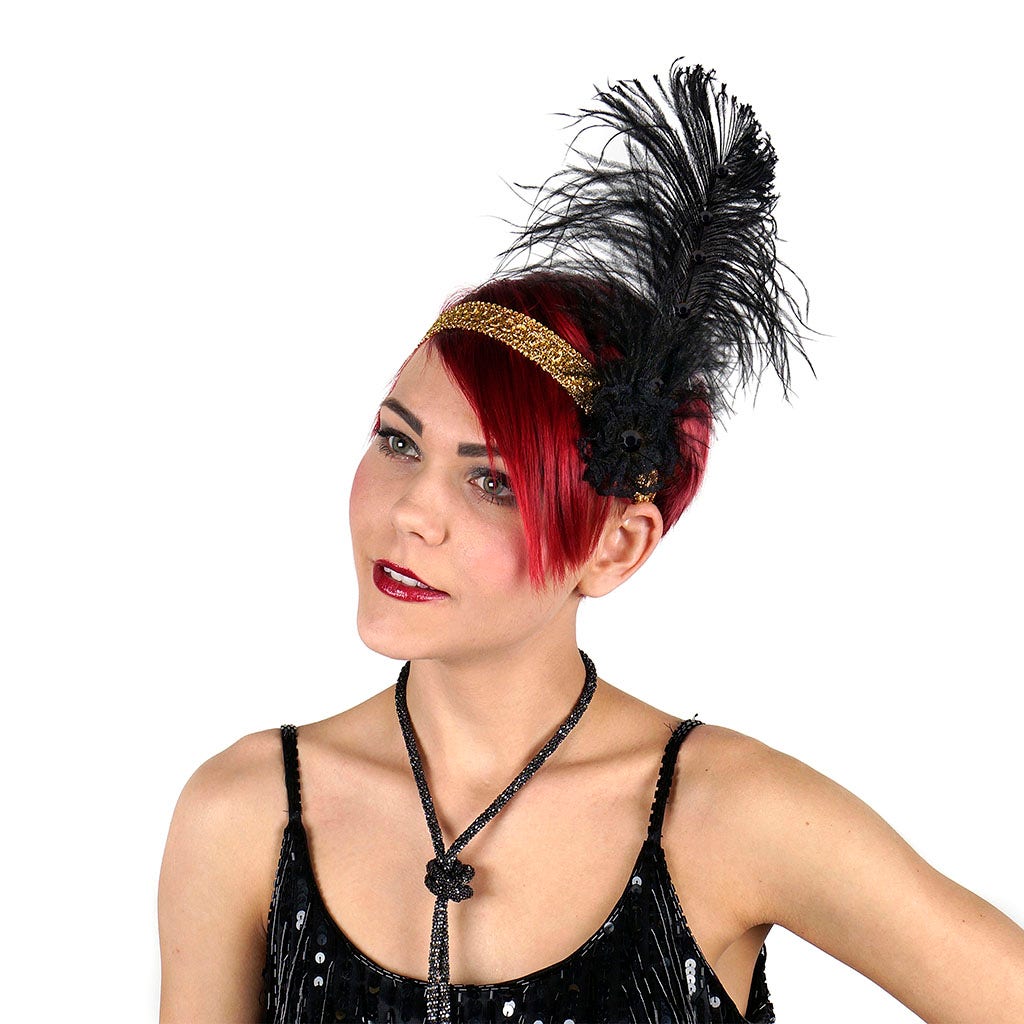 Ostrich Flapper Headband Black/Gold - Feathers