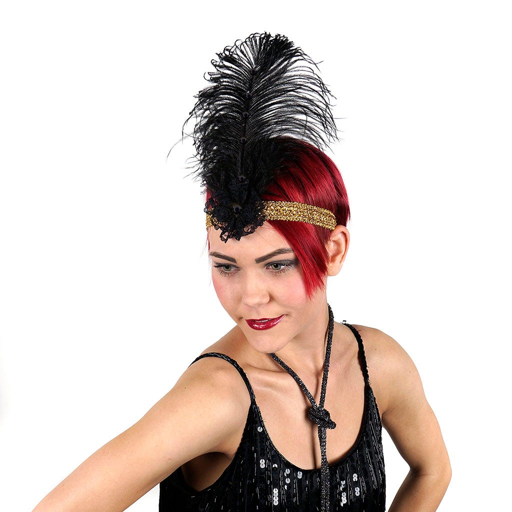 Ostrich Flapper Headband Black/Gold - Feathers