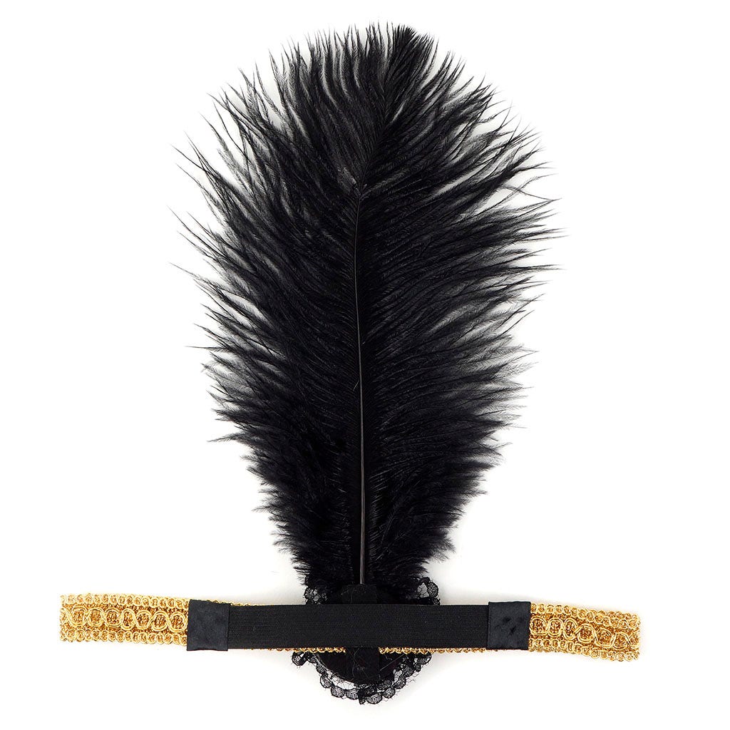 Ostrich Flapper Headband Black/Gold - Feathers