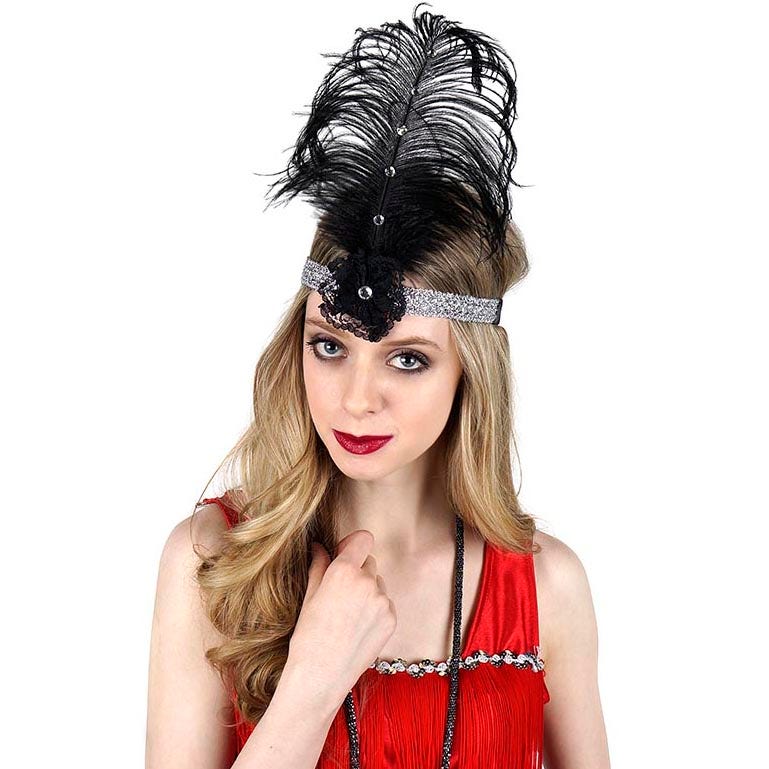 Ostrich Flapper Headband Black/Silver - Feathers