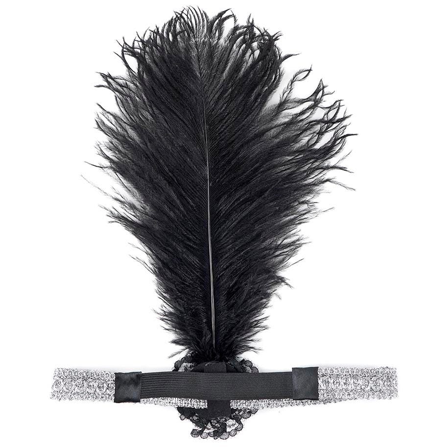 Ostrich Flapper Headband Black/Silver - Feathers