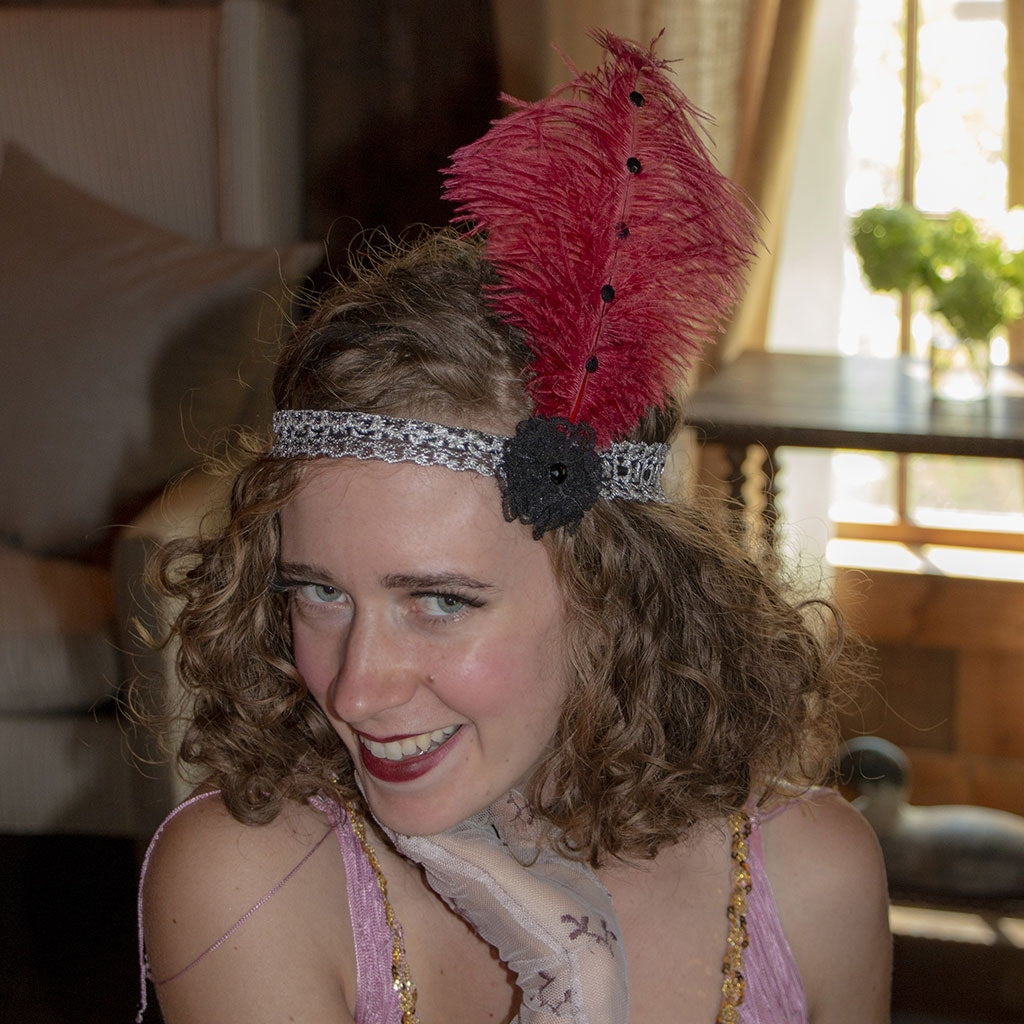 Ostrich Flapper Headband Burgundy/Grey/Black - Feathers