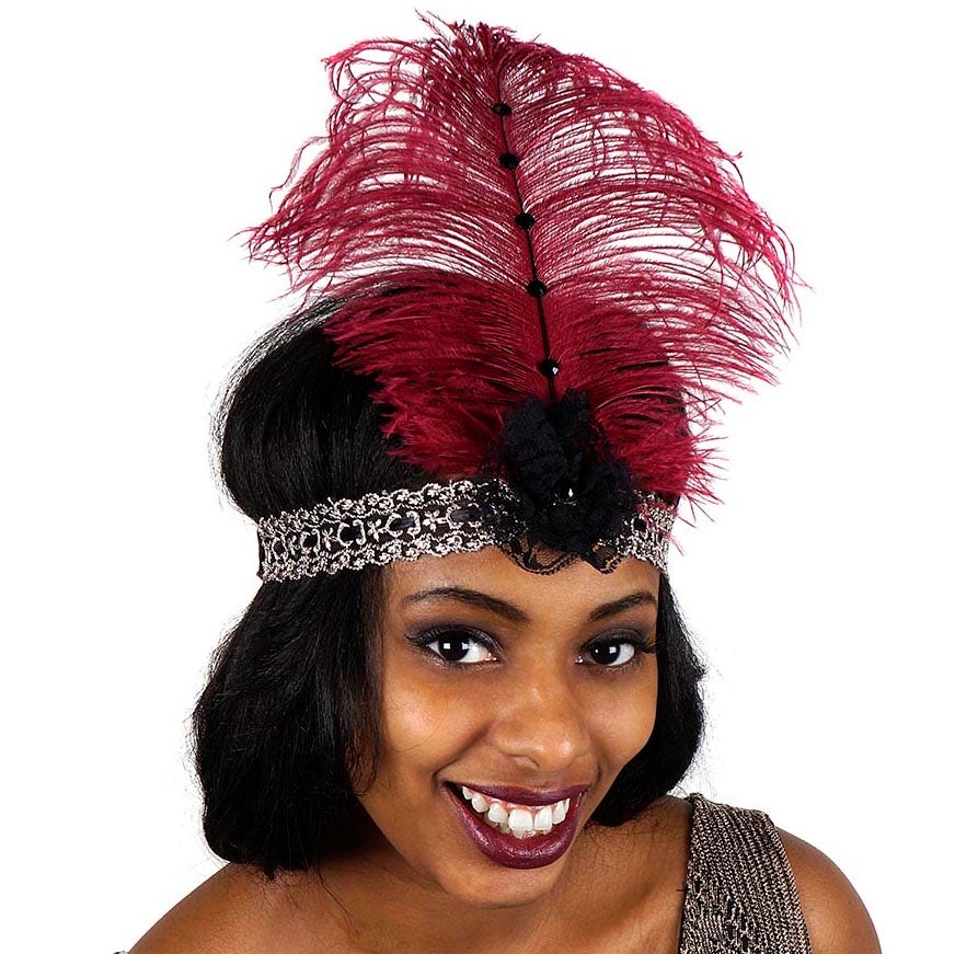 Ostrich Flapper Headband Burgundy/Grey/Black - Feathers