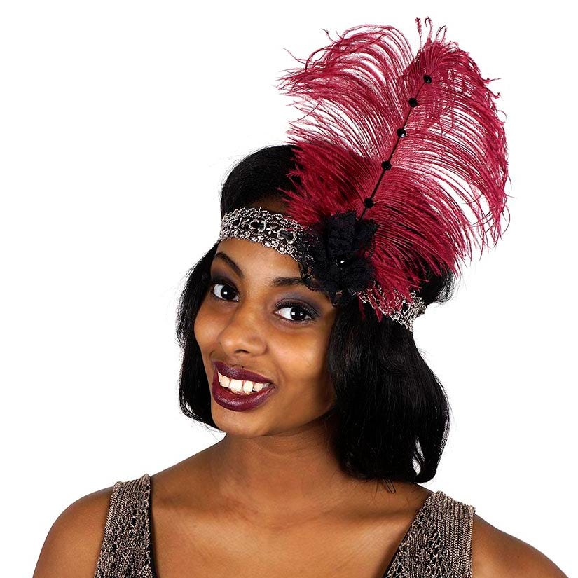 Ostrich Flapper Headband Burgundy/Grey/Black - Feathers