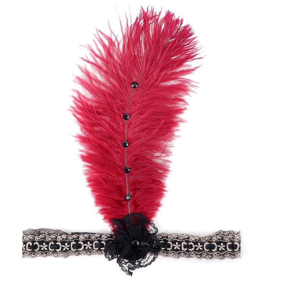 Ostrich Flapper Headband Burgundy/Grey/Black - Feathers