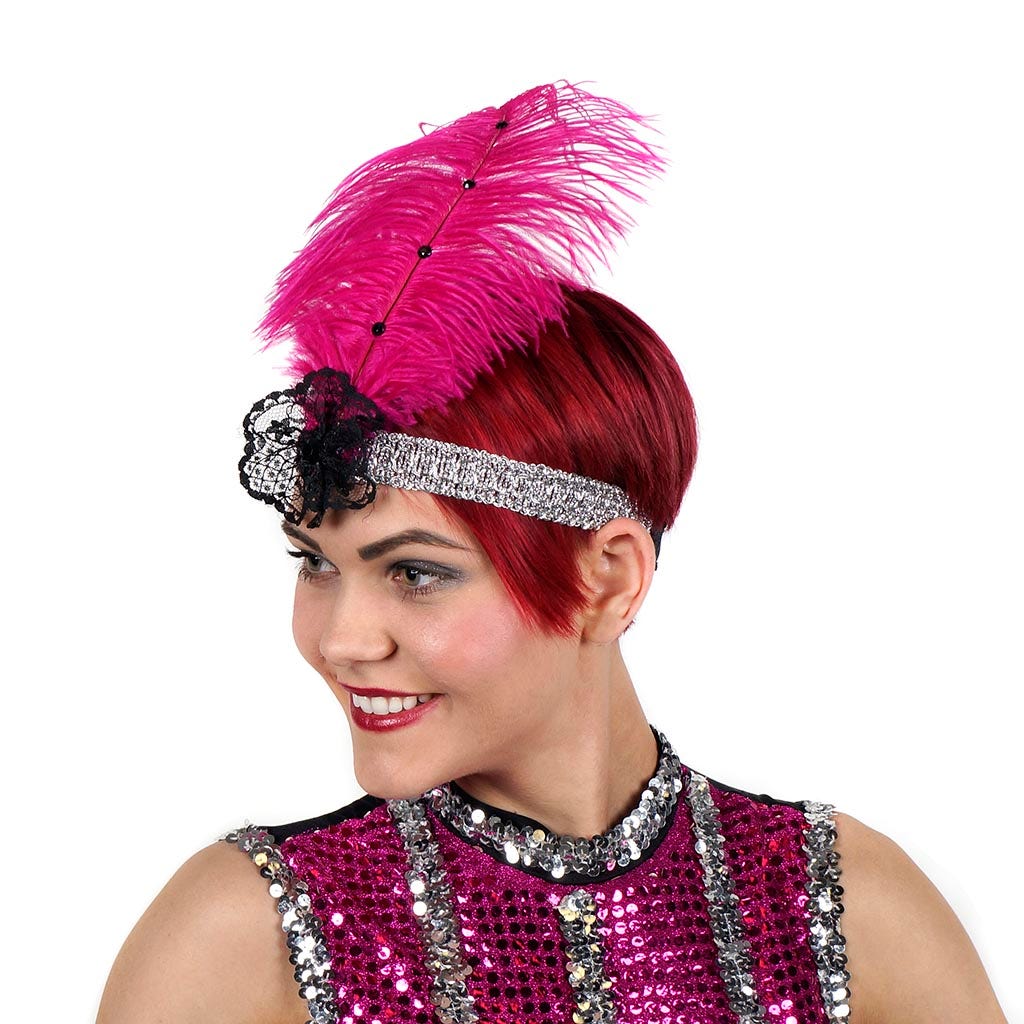 Ostrich Flapper Headband Shocking Pink/Silver - Feathers