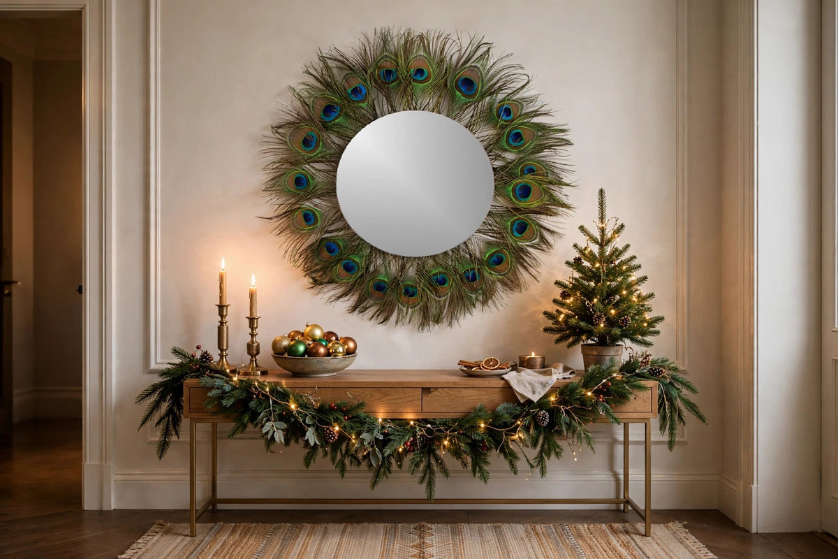 Peacock Feather Wall Art with Silver Mirror hung on a wall in a holiday-decorated room