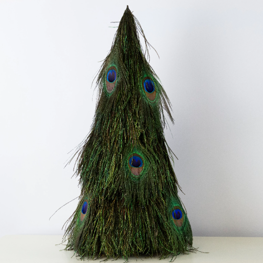 Peacock Flue 18’’ Tree w/Peacock Eyes ON WOOD Frame - Feathers