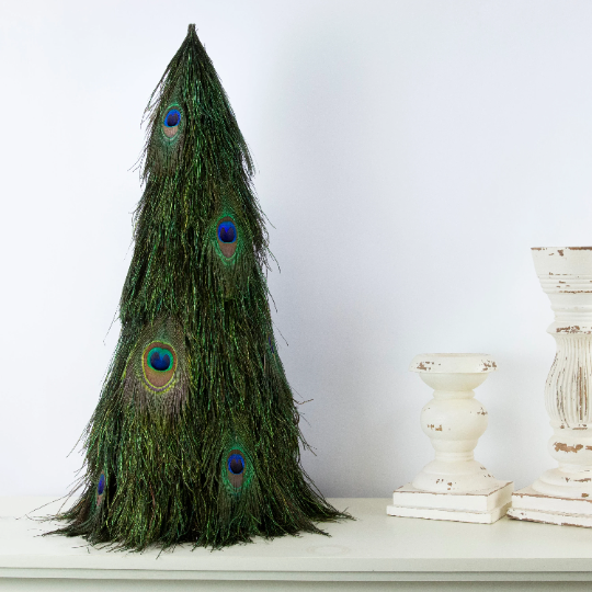 Peacock Flue 24’’ Tree w/Peacock Eyes ON WOOD Frame - Feathers